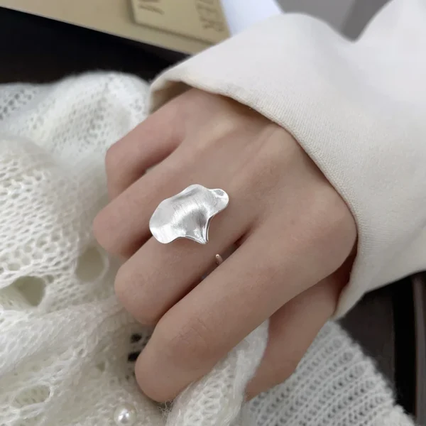 Korean Version of Silver Ring Ins Niche Design Sense Simple Texture Leaf Brushed S925 Sterling Silver Cross-border Ring Women