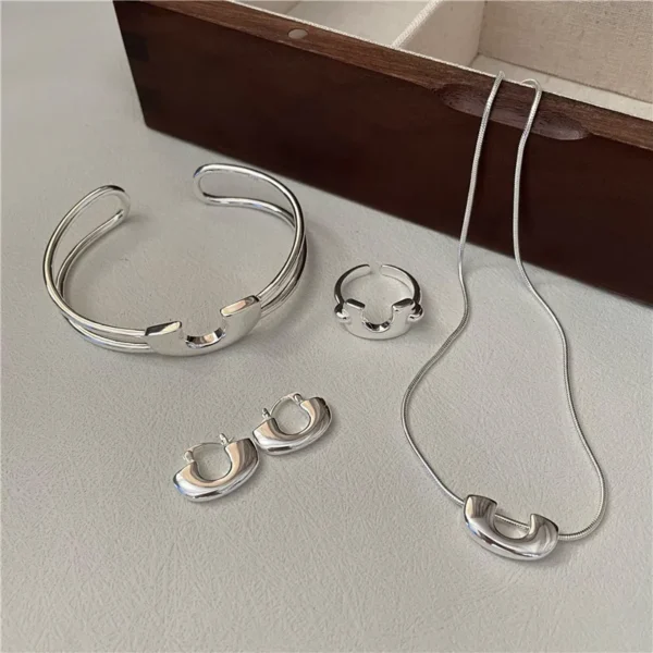 S925 Sterling Silver Korean Blog Master UU Design Set Fashion Simple Collar Chain Ring Earring Bracelet