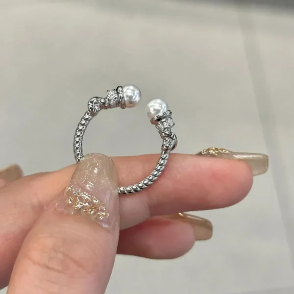 S925 Sterling Silver Antique Twist Pearl Ring Women's Senior Design Sense Shijia Pearl Opening Adjustable
