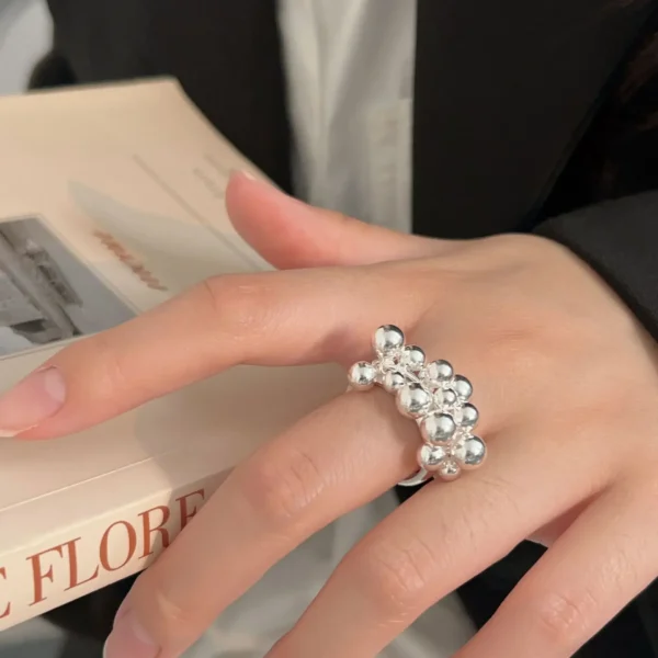 S925 Sterling Silver Original Design Ball Grape String Ring Female Korean New Niche Open Ring Gradual Change Beads