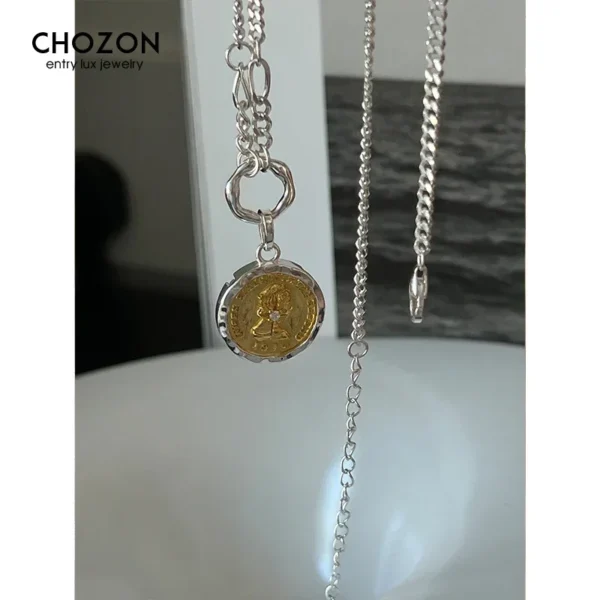 S925 Sterling Silver Necklace for Women Small Design Sense Ancient Coin Queen Statue Pendant Personalized Simple Collar Chain