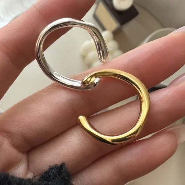 Sterling Silver S925 Japanese Double Ring Cross Ring with Exaggerated Unique Design, Simple Geometric Curved Open Ring