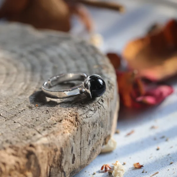 Original Korean Design Niche High-end White Jade Black Agate Ring in Sterling Silver S925 Women's Open End Ring