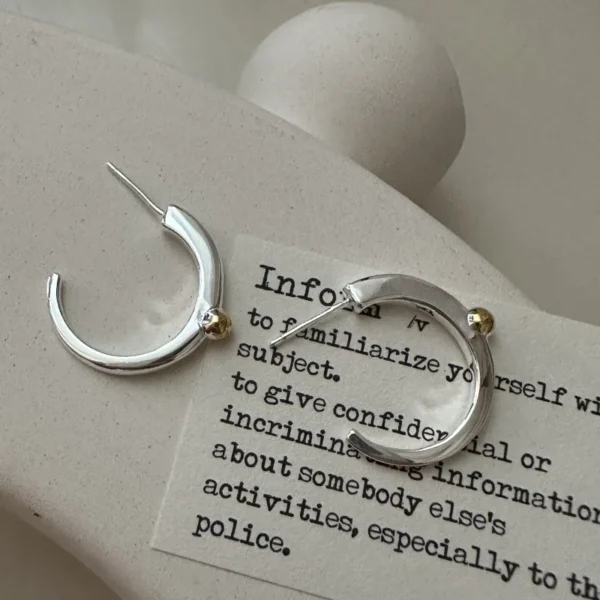 S925 Sterling Silver Niche Design Sense Gold and Silver Contrasting Color Round Bead Earrings Simple Retro Ear Jewelry