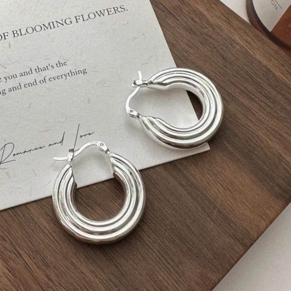 S925 Sterling Silver Korean Version Niche Design Sense Hollow Craft Striped Earrings Retro INS Style Simple Ear Jewelry