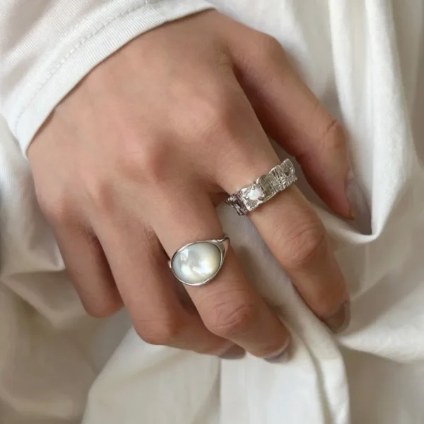 Pure Handmade Light Luxury Texture S925 Geometric Oval Shell Stone Ring Women's Fashionable Personality Open Ring