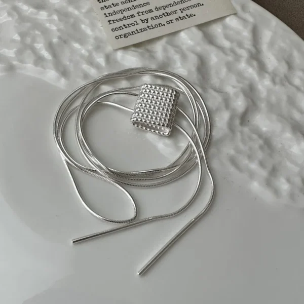 S925 Real Sterling Silver Design Grid Bag Pull Sweater Chain Korean Style Simple Retro Necklace