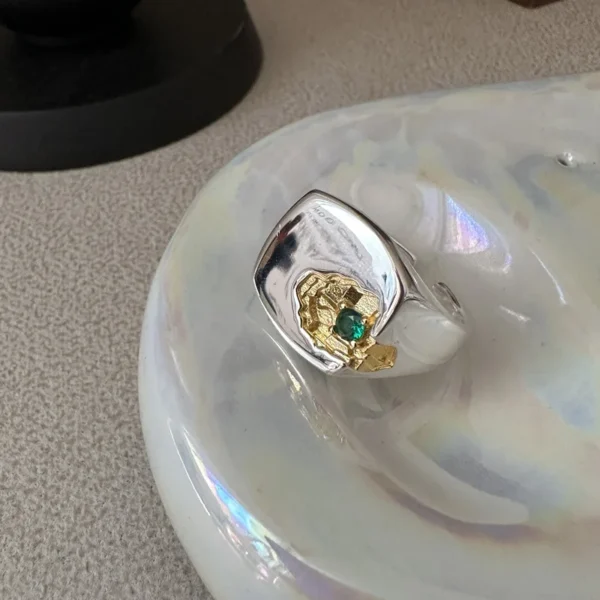 S925 Sterling Silver Korean Niche Design Sense Broken Gold and Silver Contrast Ring Wind Green Zirconium Fashion Ring Wholesale