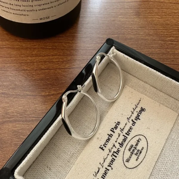 S925 Sterling Silver Korean Niche Design Sense Black Agate Earrings Korean Style Fashion Simple Texture Frosted Ear Jewelry.