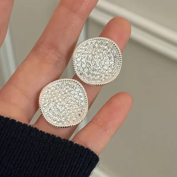 Real S925 Sterling Silver Stone-encrusted Geometric Disc Stud Earrings Women's Niche Fashion Design Earrings Earrings