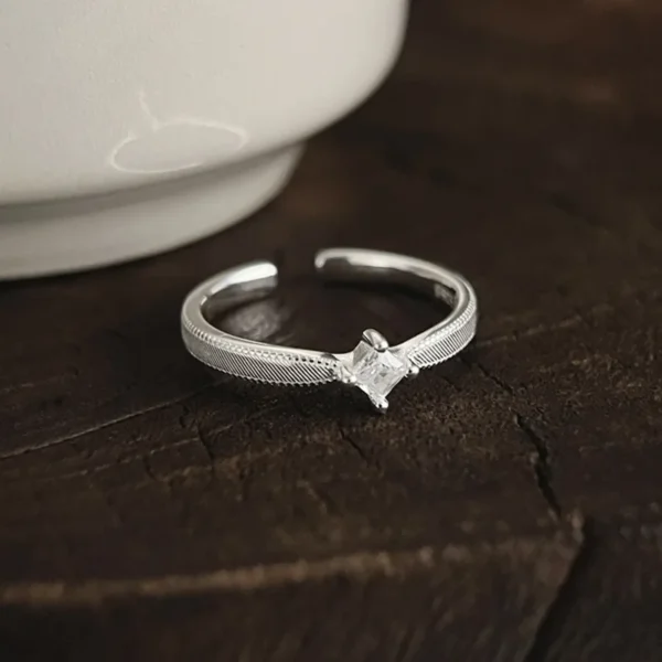 925 Sterling Silver Square Diamond Striped Ring Women's Simple Fashion Personality Light Luxury Exquisite Temperament Open Ring