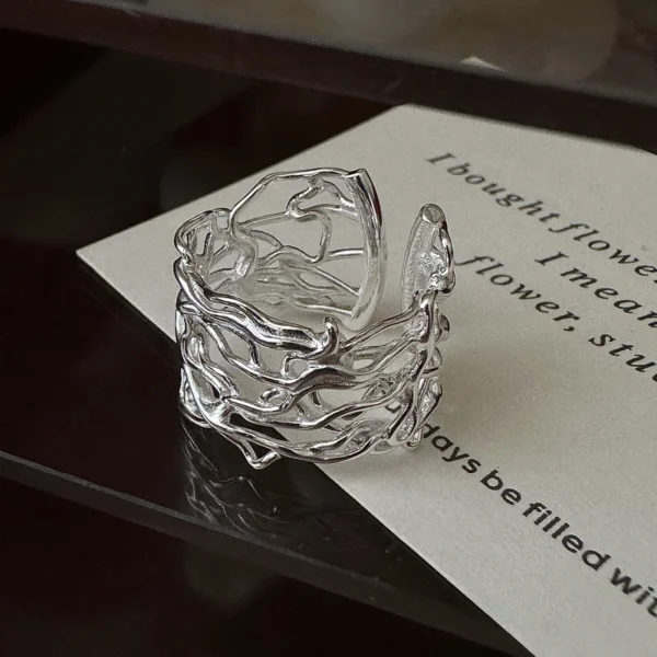 S925 Silver Spanish Niche Design Sense Weaving Japanese Original Single Hollow Ring Retro Simple Ring