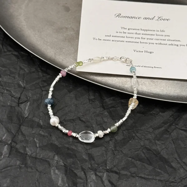 CHOZON S925 Silver Korean Summer Multicolored Stone Gravel Silver Beaded Bracelet Sweet Delicate Commuter Versatile ins Style