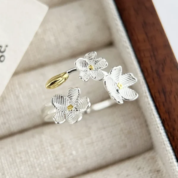 925 Sterling Silver Flower Ring Women's Gold and Silver Color Matching Sweet Celebrity Temperament Open Ring 0060A