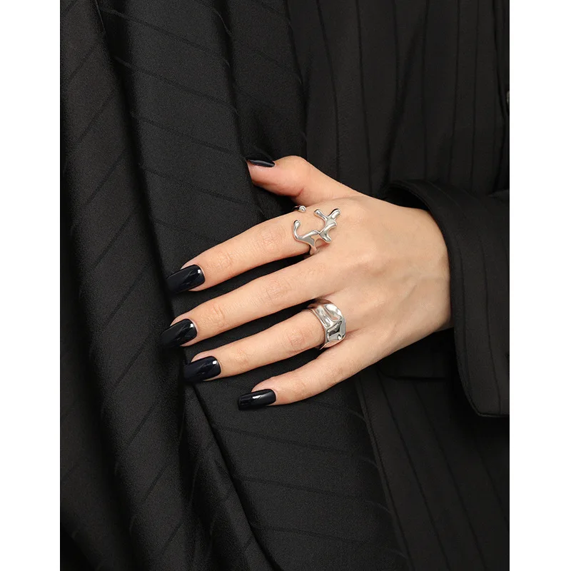 F.I.N.S Glossy Irregular S925 Sterling Silver Open Ring Smooth Branch Resizable Wedding Rings for Women Men Finger Jewelry - Image 4