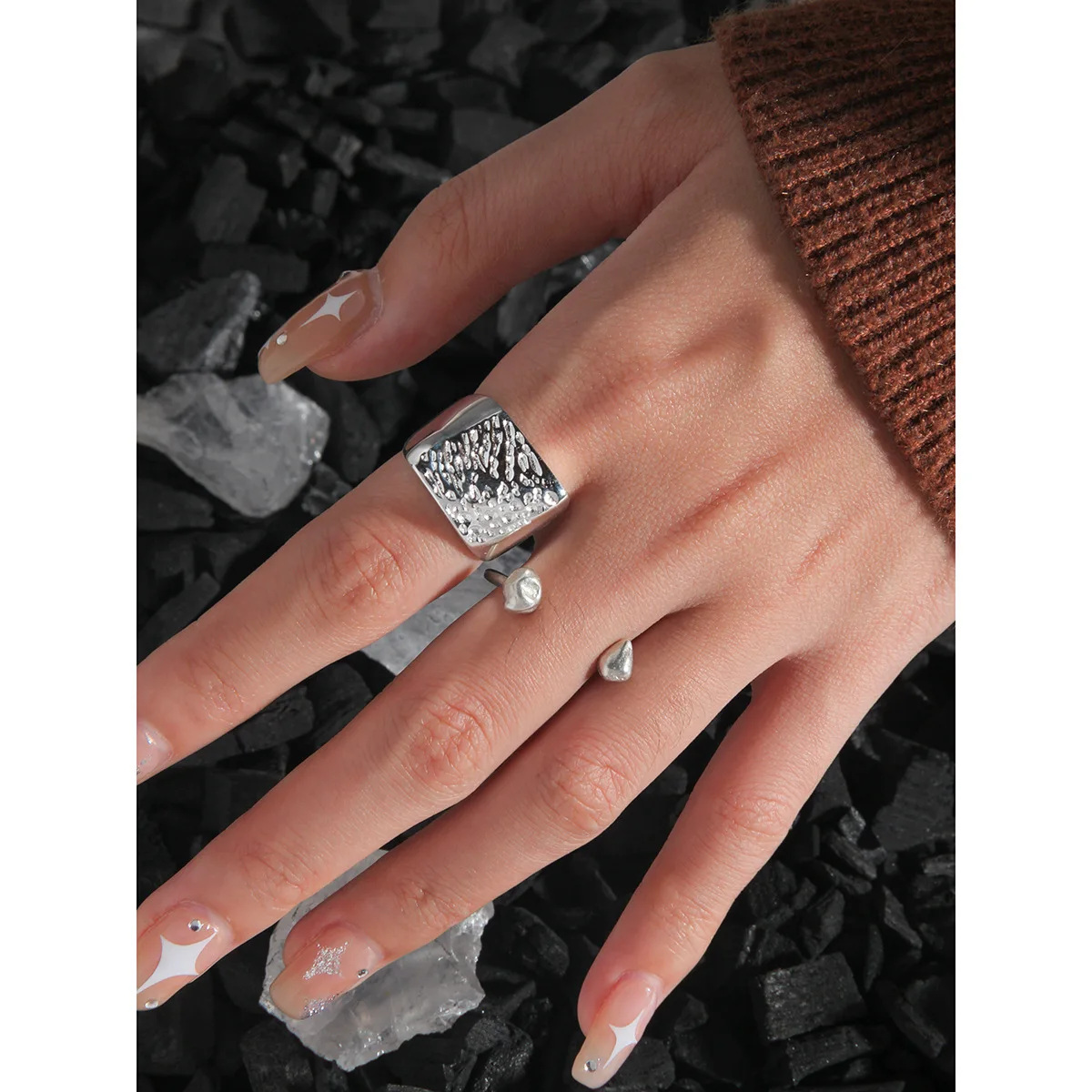 F.I.N.S Minimalist Korean INS Design Irregular U-Shaped S925 Sterling Silver Index Finger Ring Open Adjustable Bead Ball Rings - 이미지 4