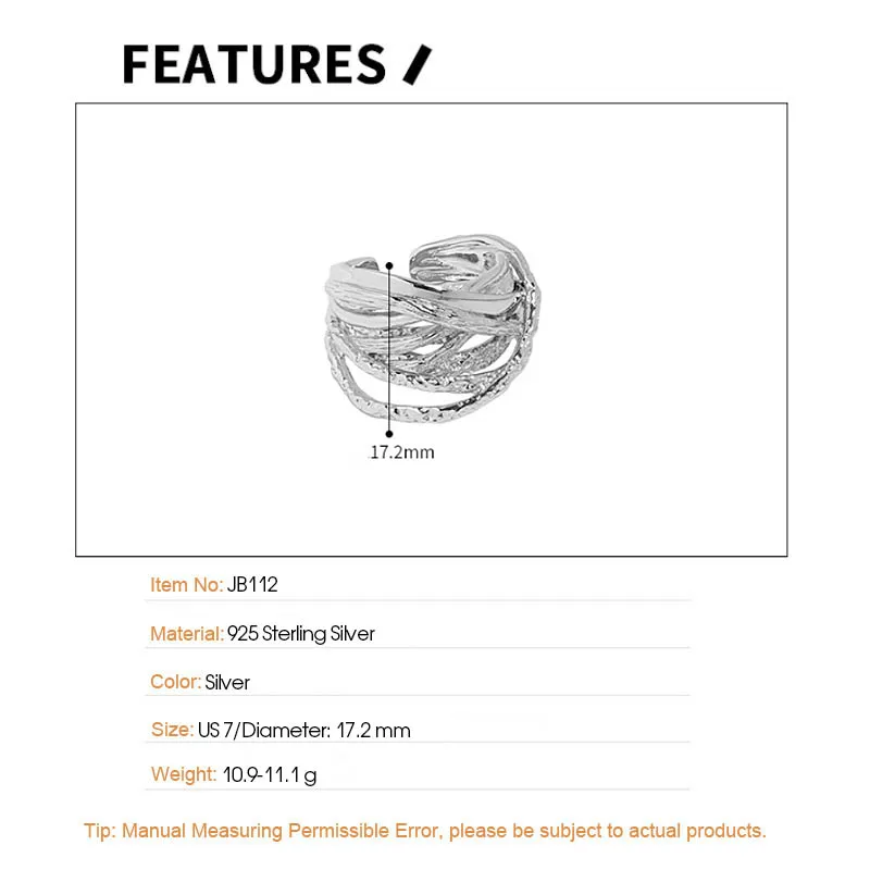 F.I.N.S Multi-Layered Thick Lines S925 Sterling Silver Open Ring Winding Wide Irregular Adjustable Finger Rings for Women Men - 이미지 5