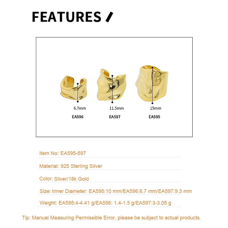 F.I.N.S 1PC Minimalist Irregular 100% S925 Sterling Silver Ear Clip No Pierced Convex Surface Wide Earcuff Catilage Jewelry - Image 5