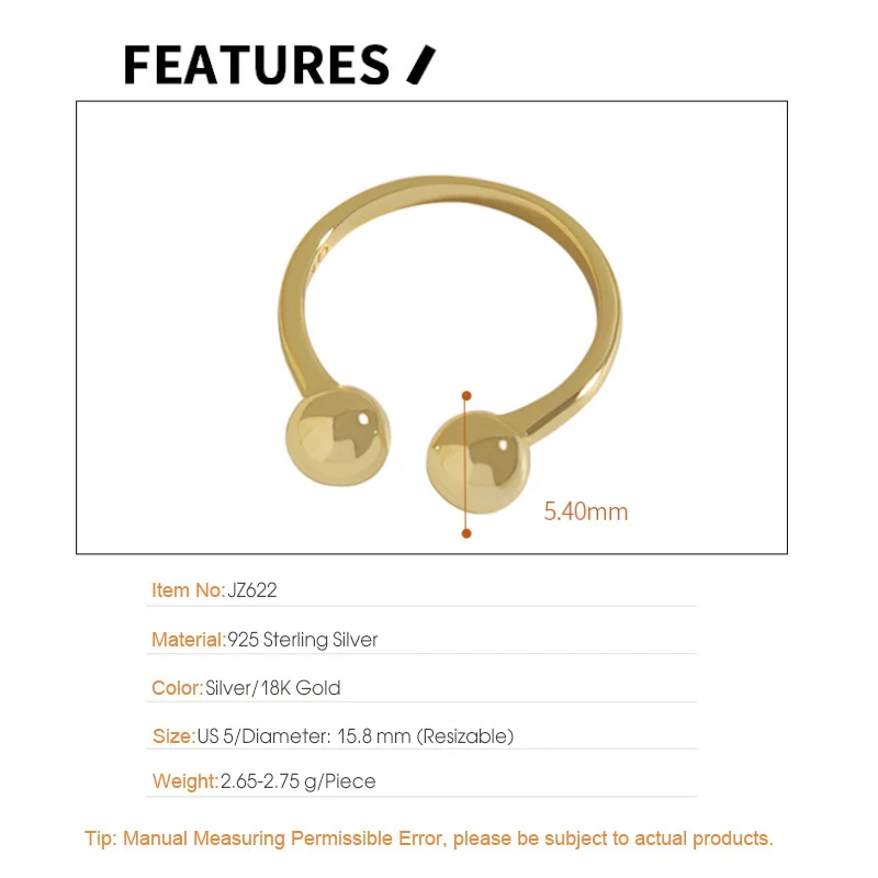 F.I.N.S Minimalist Double Bead Ball S925 Sterling Silver Gold Open Rings for Women Smooth Geometric Adjustable Finger Ring Jewel - Image 5