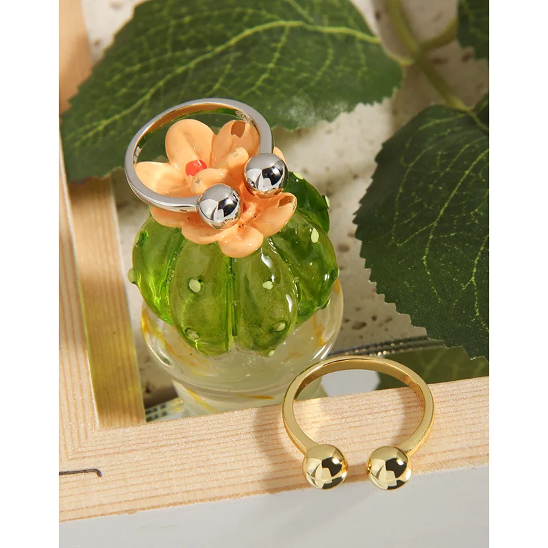 F.I.N.S Minimalist Double Bead Ball S925 Sterling Silver Gold Open Rings for Women Smooth Geometric Adjustable Finger Ring Jewel - Image 2