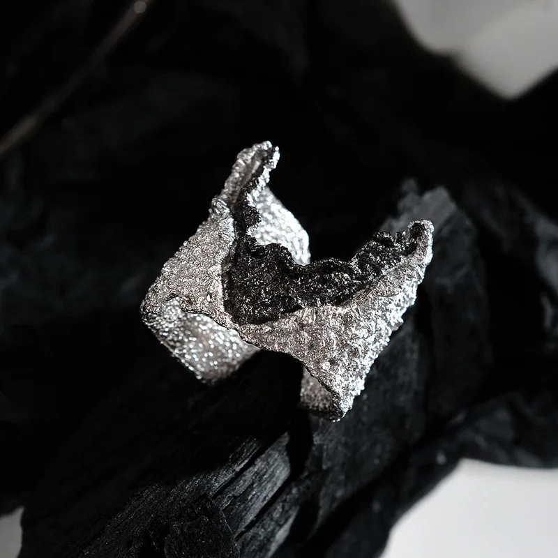 F.I.N.S Exaggerated S925 Sterling Silver Wrinkle Ring Retro Old Open Contrast Color Index Finger Ring Solid Silver 925 Jewelry - 이미지 4