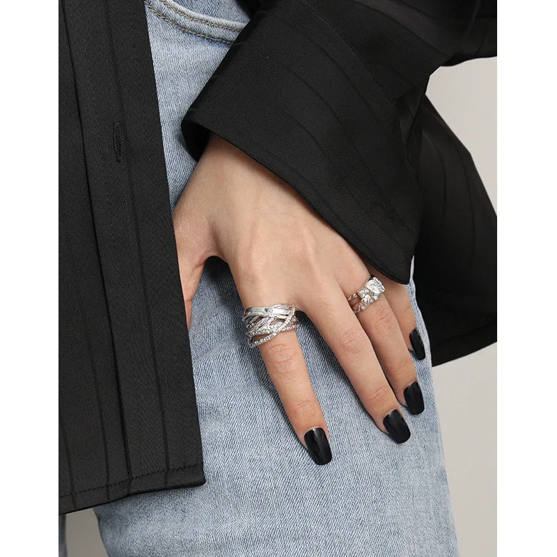 F.I.N.S Multi-Layered Thick Lines S925 Sterling Silver Open Ring Winding Wide Irregular Adjustable Finger Rings for Women Men - 이미지 4