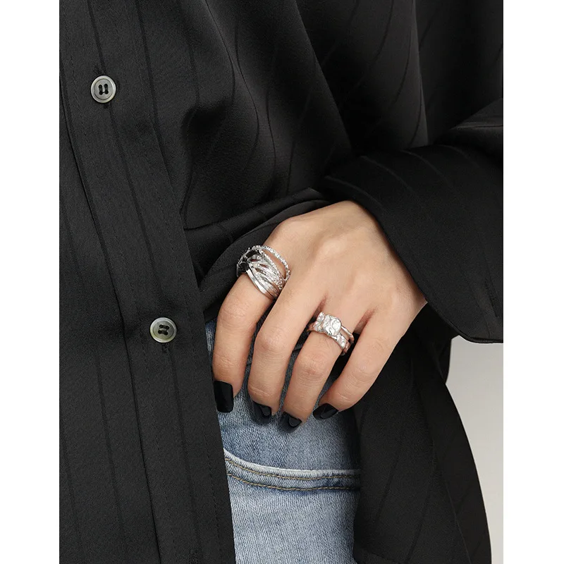 F.I.N.S Multi-Layered Thick Lines S925 Sterling Silver Open Ring Winding Wide Irregular Adjustable Finger Rings for Women Men - 이미지 3