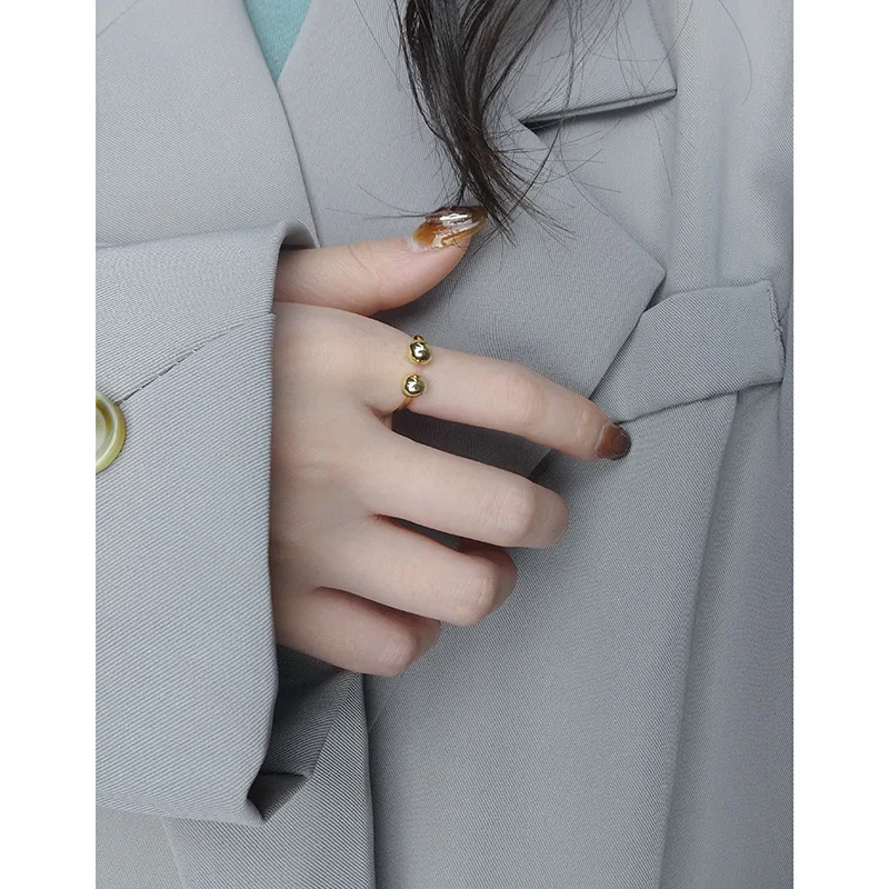 F.I.N.S Minimalist Double Bead Ball S925 Sterling Silver Gold Open Rings for Women Smooth Geometric Adjustable Finger Ring Jewel - Image 4