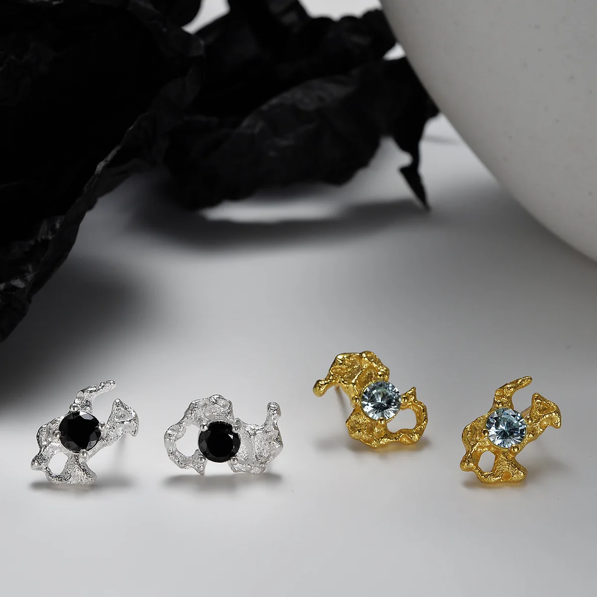 F.I.N.S 925 Sterling Silver Gold Irregular Stud Earrings France Style Wrinkle Solid Silver CZ Black Blue Zircon Ear Fine Jewelry - Image 3