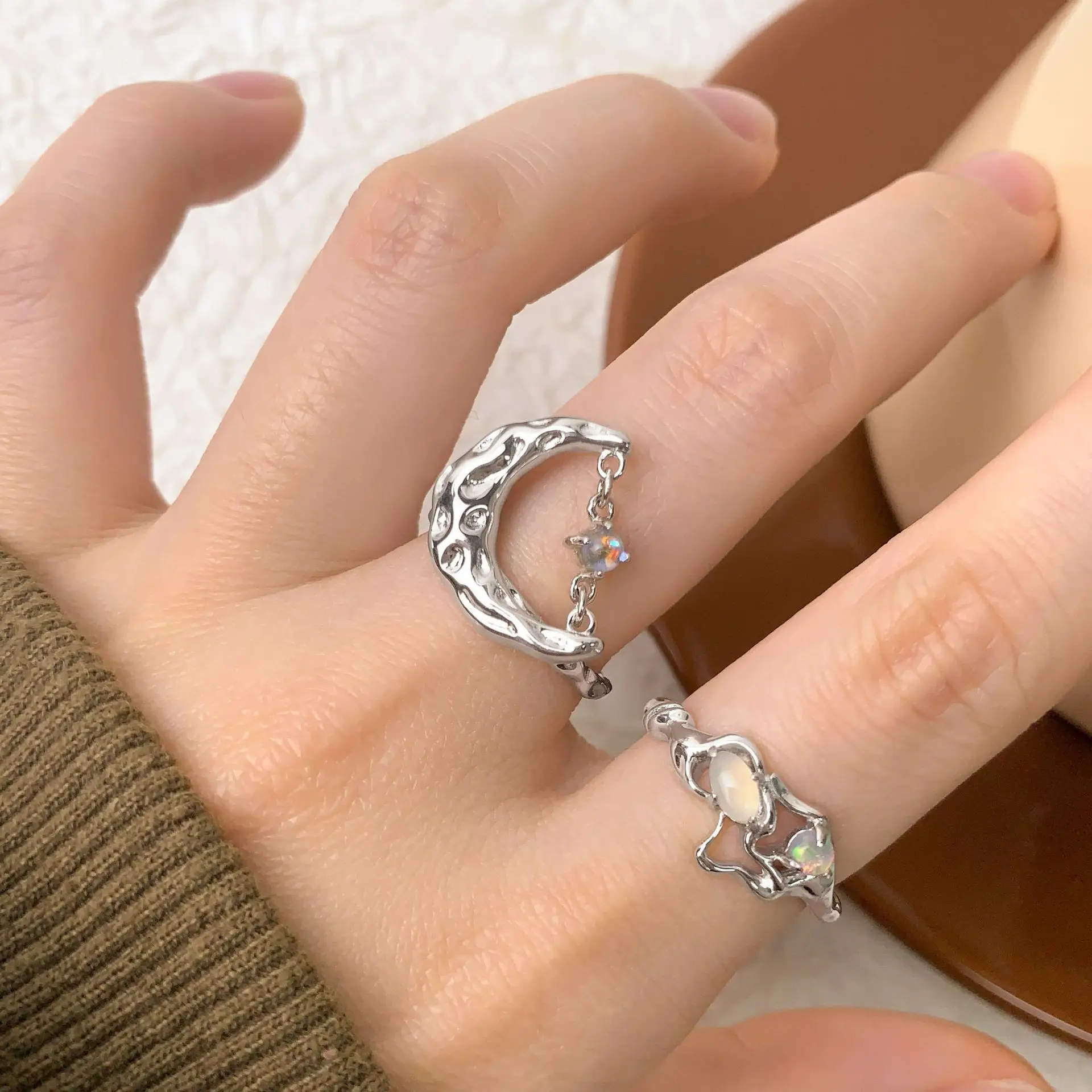 F.I.N.S Original Luxury Texture S925 Sterling Silver Moonstone Ring Women Uneven Moon Chain Open Adjustable Finger Fine Jewelry - Image 4