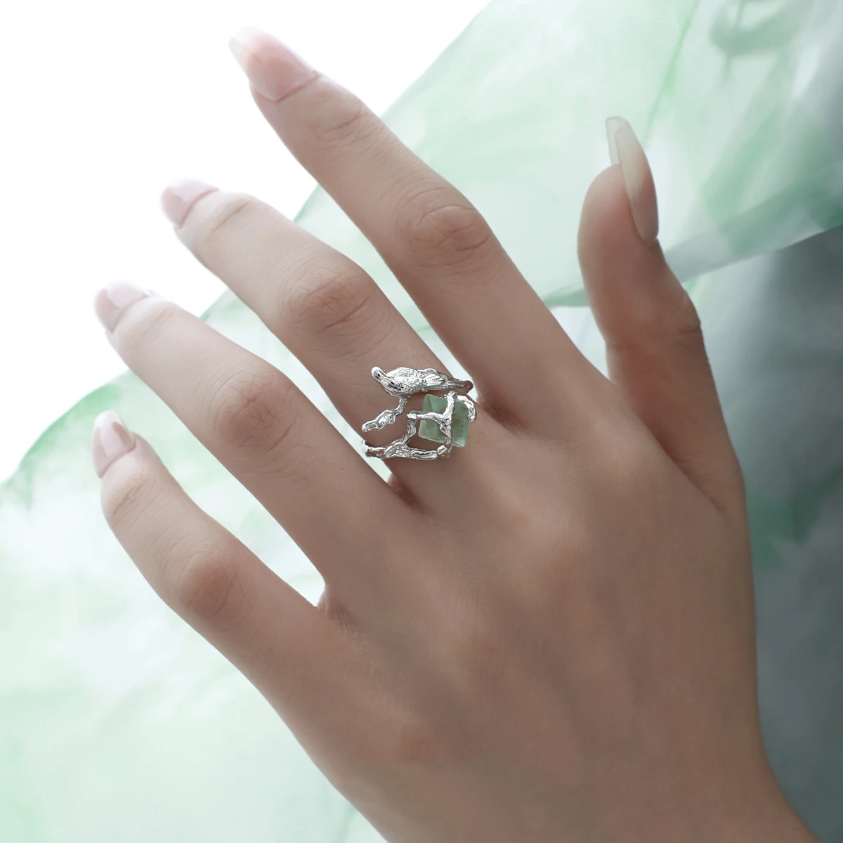 F.I.N.S Bird Fluorite S925 Sterling Silver Ring Irregular Green Stone Open Adjustable Mid Finger Fashion Fine Jewelry Gifts - Image 3