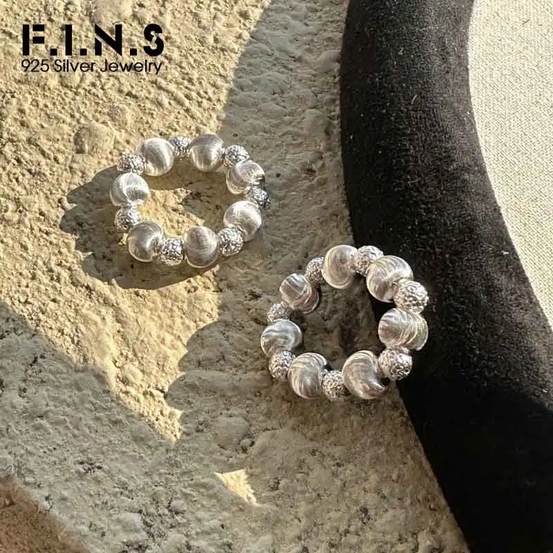 F.I.N.S Korean Pure 925 Sterling Silver Cat Eye Bead Ring Simple Glitter Beads Handmade Adjustable Fine Jewelry Anti-Allergic