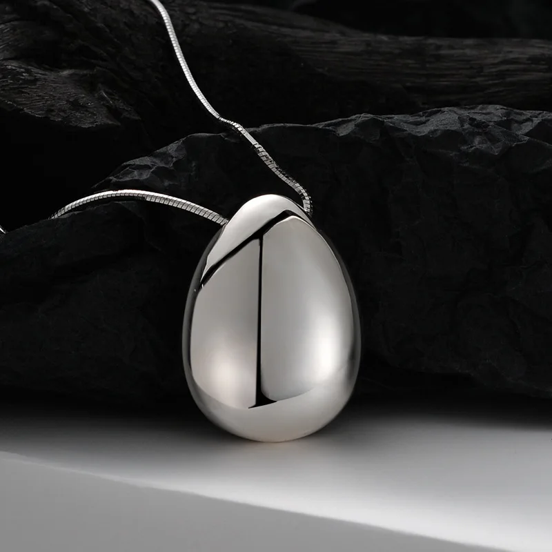 F.I.N.S Minimalist S925 Sterling Silver Large Glossy Egg-Shaped Pendants for Women Big Waterdrop Snake Chain Necklace Accessory - Image 2