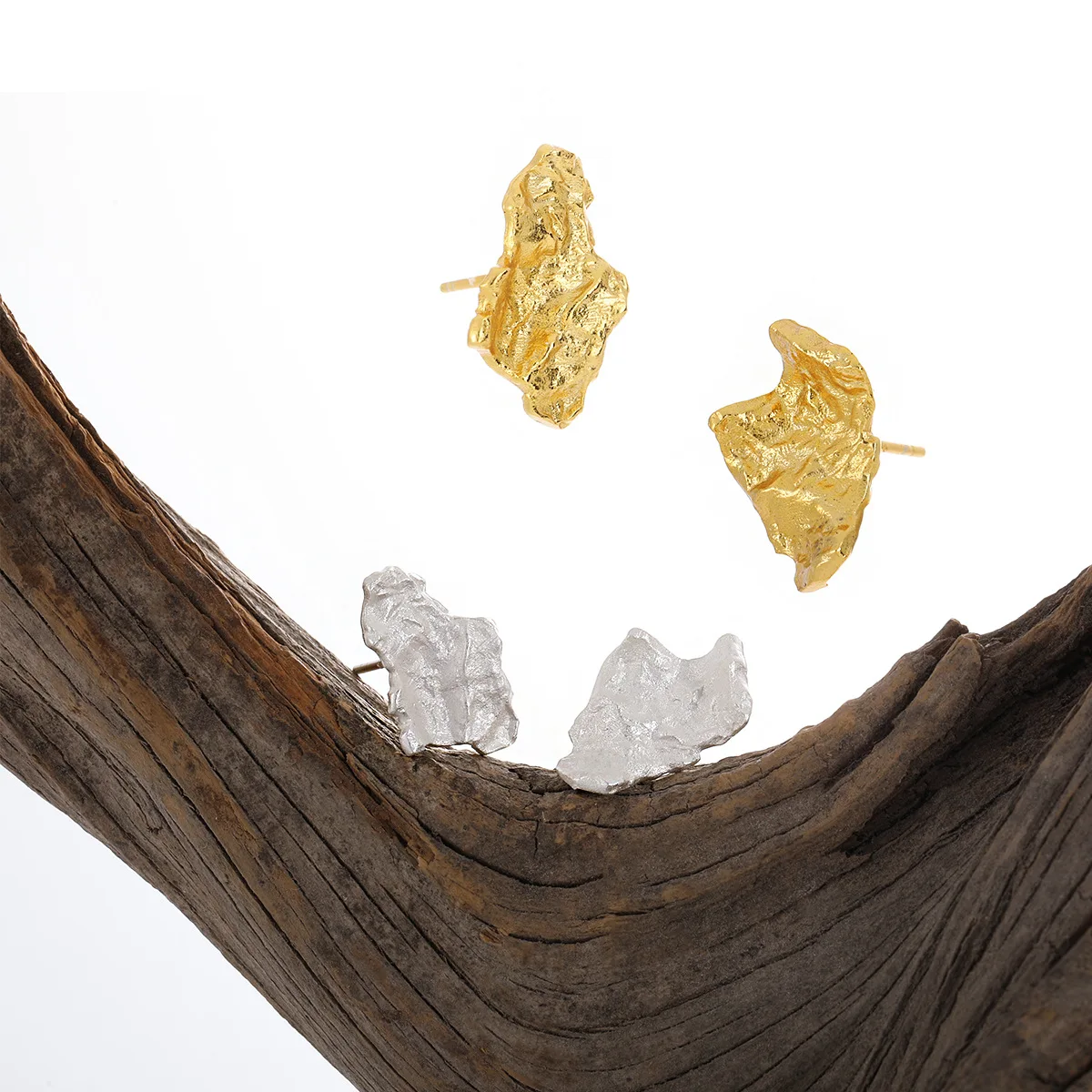 F.I.N.S Texture Asymmetric S925 Sterling Silver Gold Stud Earrings Irregular Uneven Piercing Ear Fine Jewelry Women Accessories - Image 2