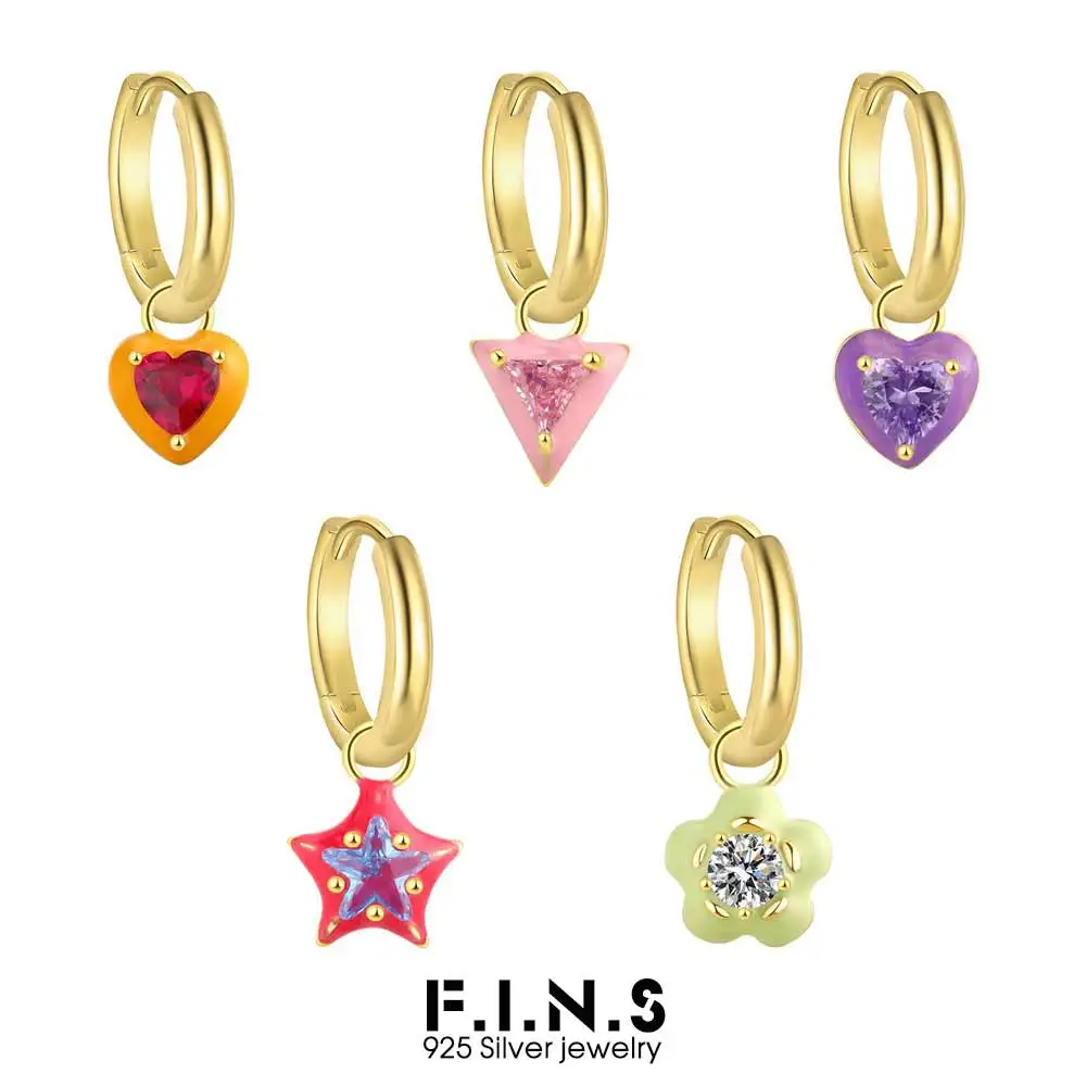F.I.N.S S925 Sterling Silver Color Zircon Love Heart Star Triangle Flower Charms Pendants Round Small Hoops Earrings Fine Jewels