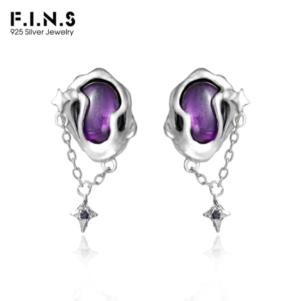 F.I.N.S S925 Sterling Silver Oval Purple Zirconia Earrings Geometric Star Chain Pendant Piercing Ear Studs Fine Jewelry Gifts