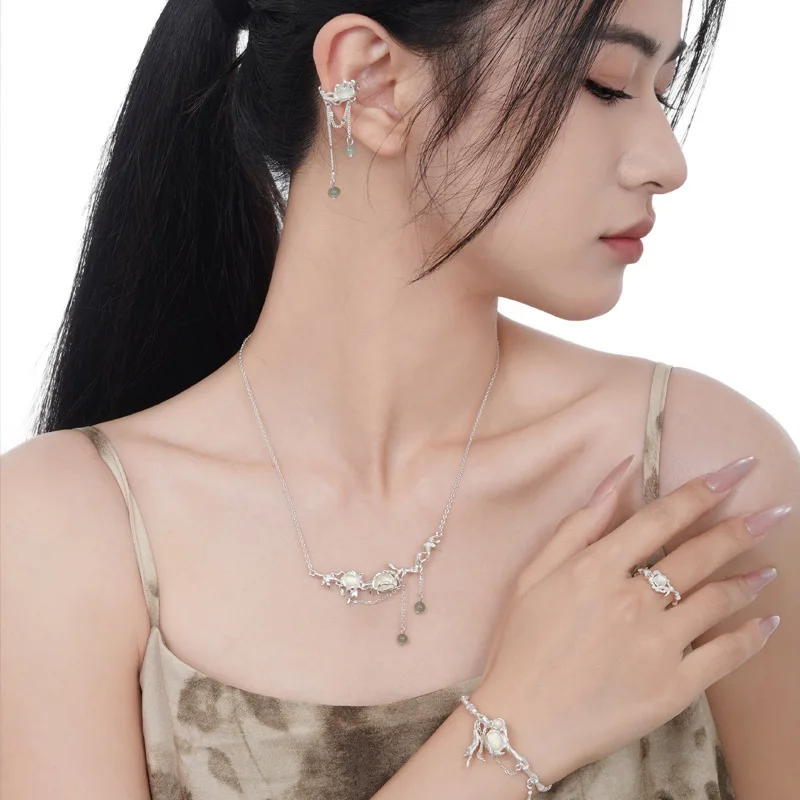 F.I.N.S 1PC New Chinese Style S925 Sterling Silver Prehnite Clip Earring Tassel Chain Uneven Stone Beads Earcuff Catilage Jewels - Image 4