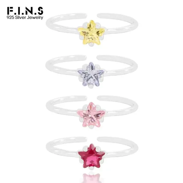 F.I.N.S Korean Design S925 Sterling Silver Colored Star Zircon Ring Simple Thin Line Open Adjustable Stacked Finger Fine Jewelry