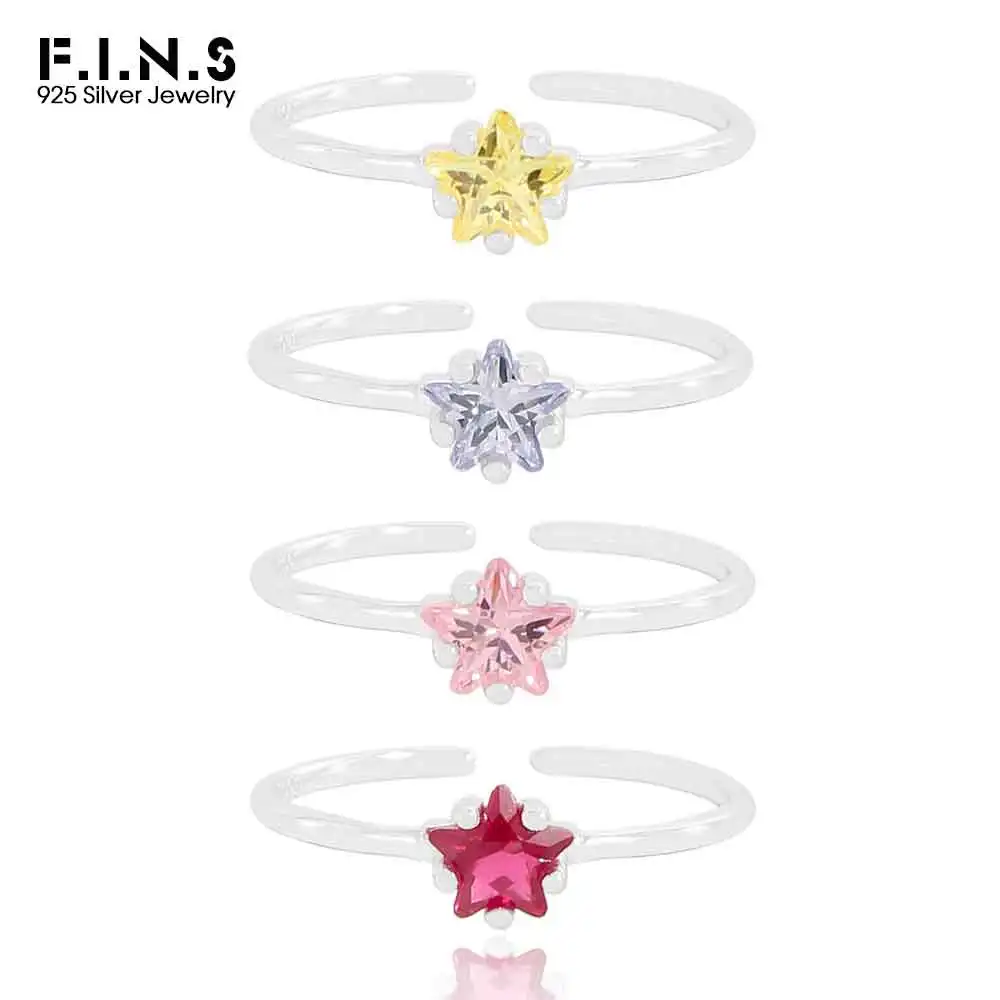 F.I.N.S Korean Design S925 Sterling Silver Colored Star Zircon Ring Simple Thin Line Open Adjustable Stacked Finger Fine Jewelry