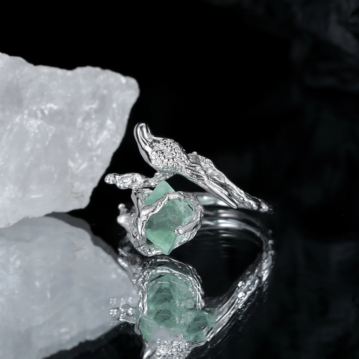 F.I.N.S Bird Fluorite S925 Sterling Silver Ring Irregular Green Stone Open Adjustable Mid Finger Fashion Fine Jewelry Gifts - Image 2