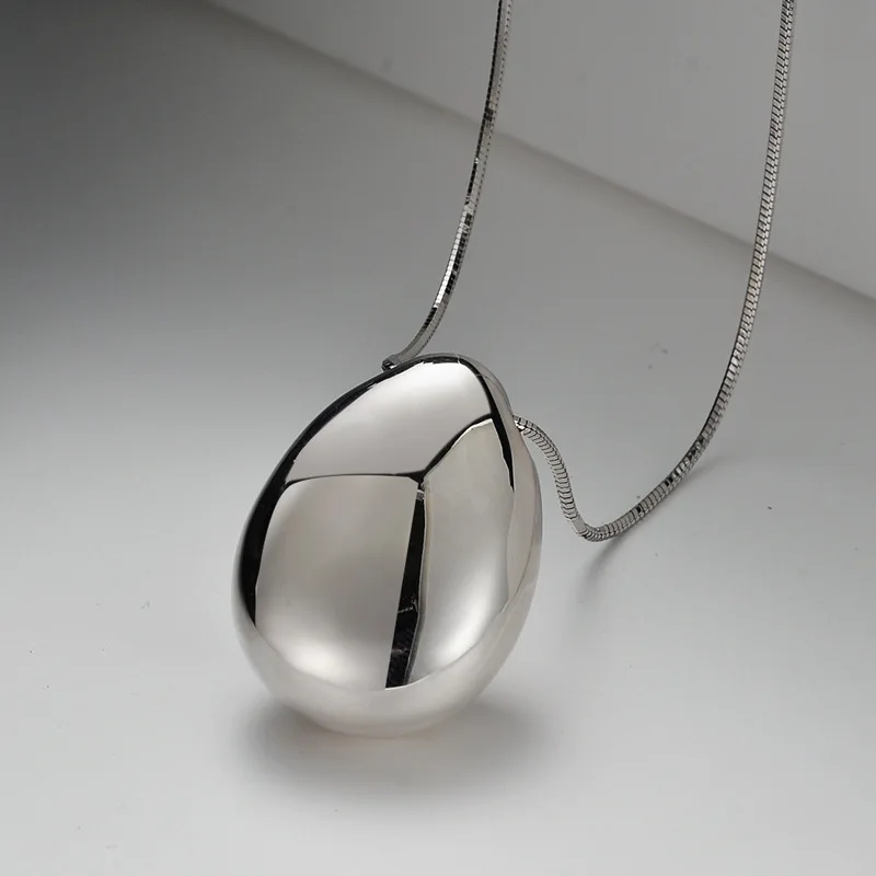 F.I.N.S Minimalist S925 Sterling Silver Large Glossy Egg-Shaped Pendants for Women Big Waterdrop Snake Chain Necklace Accessory - Image 3