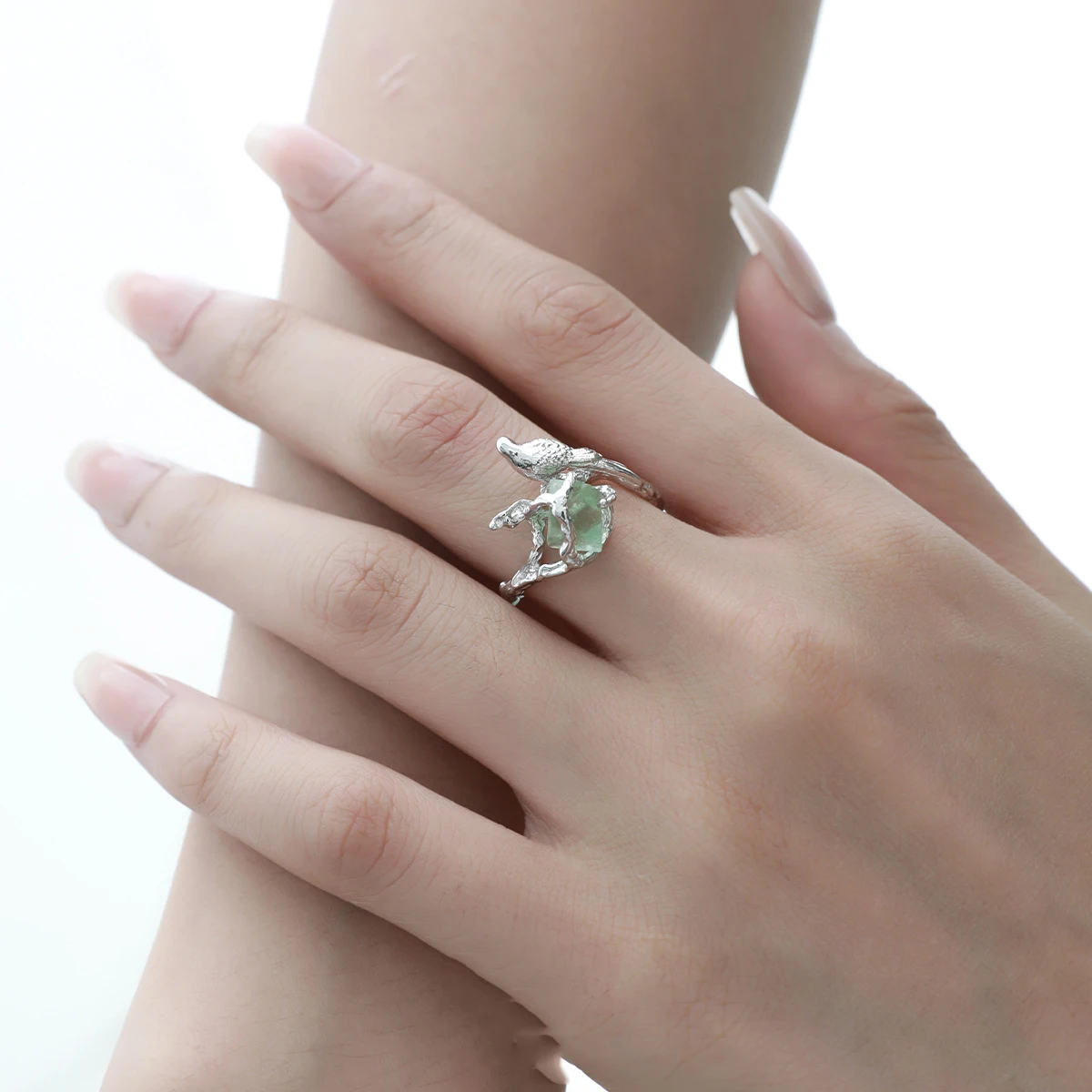 F.I.N.S Bird Fluorite S925 Sterling Silver Ring Irregular Green Stone Open Adjustable Mid Finger Fashion Fine Jewelry Gifts - Image 4