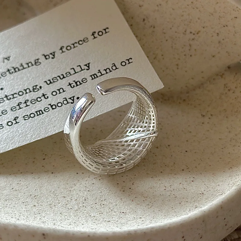 S925 Silver 3D Minimalist Ring Korean Vintage Style Textured Geometric Dainty Wholesale Jewelry for Women - Image 4