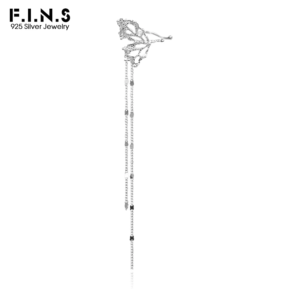 F.I.N.S 1PC S925 Sterling Silver Hollowed Lace Butterfly Ear Clip Luxury Long Chain Tassel Earcuff Catilage Fine Jewelry Gifts