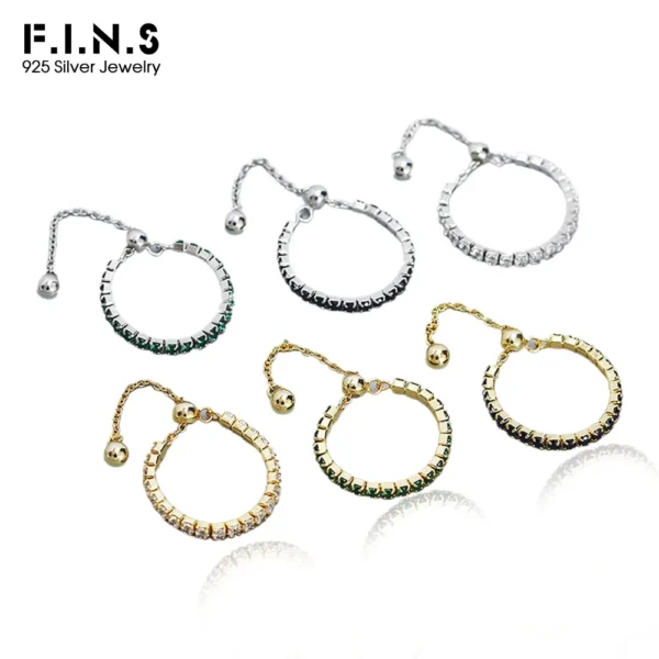 F.I.N.S Original Sparkling White Black Zircon Pure S925 Sterling Silver Ring Stackable Finger Adjustable Bead Chain Fine Jewelry
