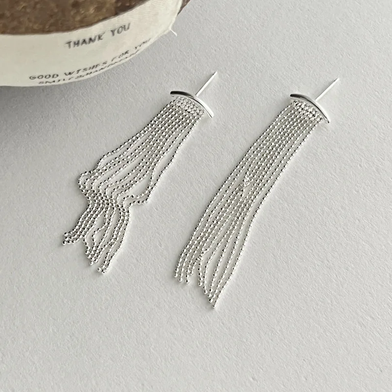 925 Sterling Silver Long Chain Fringe Earrings for Women Minimalist Drop Dangle Ear Studs Trendy Versatile Elegant Pearl Bead - Image 3