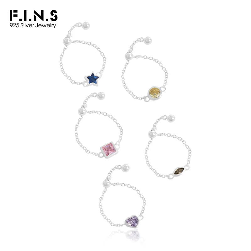 F.I.N.S Original Korean Geometric Colored Zircon Pure S925 Sterling Silver Adjustable Bead Ring Thin Chain Stacked Finger Jewel - Image 2