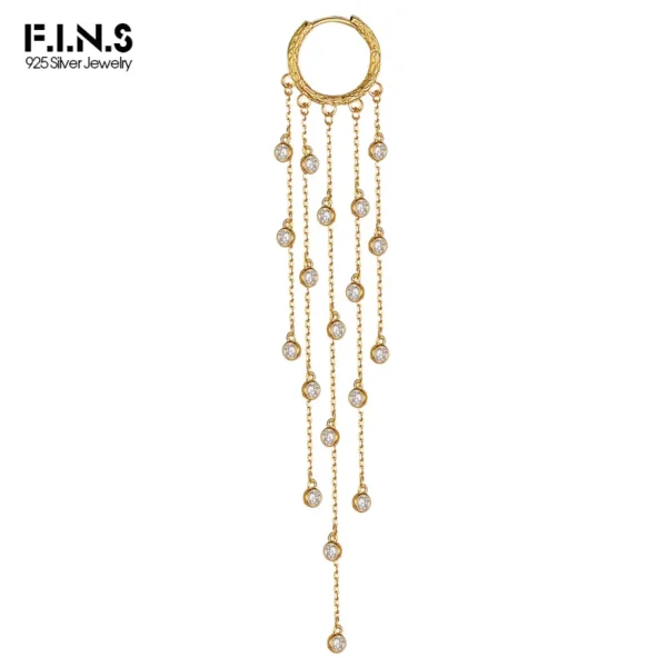 F.I.N.S CUSTOM S925 Sterling Silver Zircon Tassel Long Earrings Hanging Embossed Patterns Round Hoops Ear Buckle Fine Jewelry