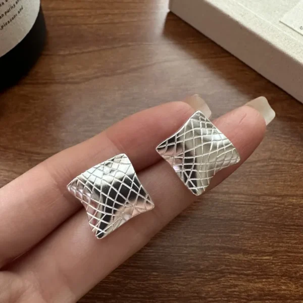 925 Sterling Silver Irregular Square Stud Earrings for Women Matt Stripe Pattern Korean Trending Designer Jewelry