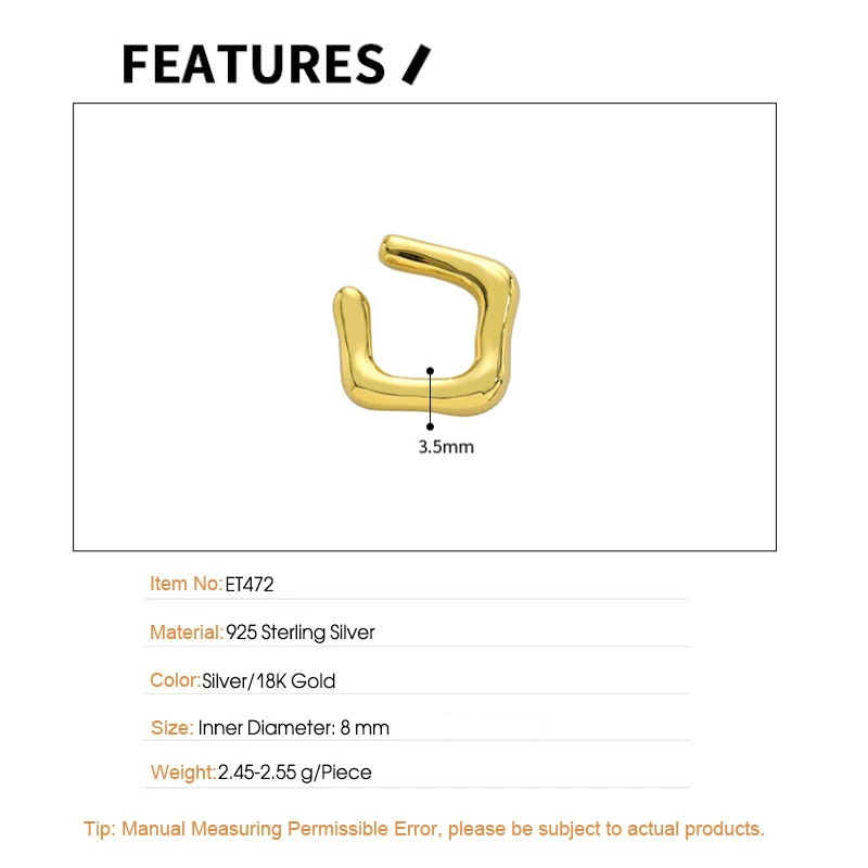 F.I.N.S 1Piece Silver 925 Earrings without Ear Hole Smooth Geometric Sterling Silver Ear Cuff Fake Piercing Catilage Earrings - Image 5